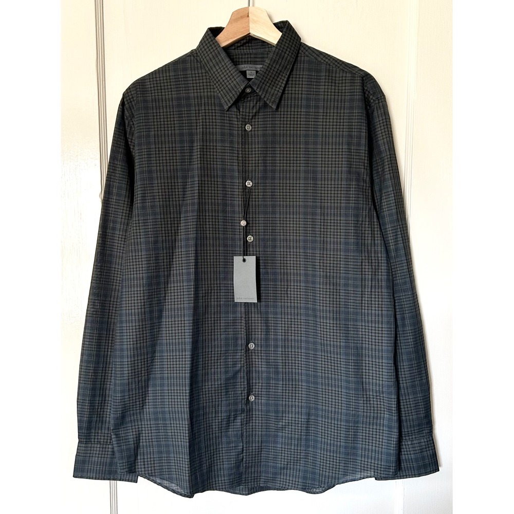 NWT John Varvatos 100% Cotton Plaid Button Front Shirt Green Men's M $298 Fall